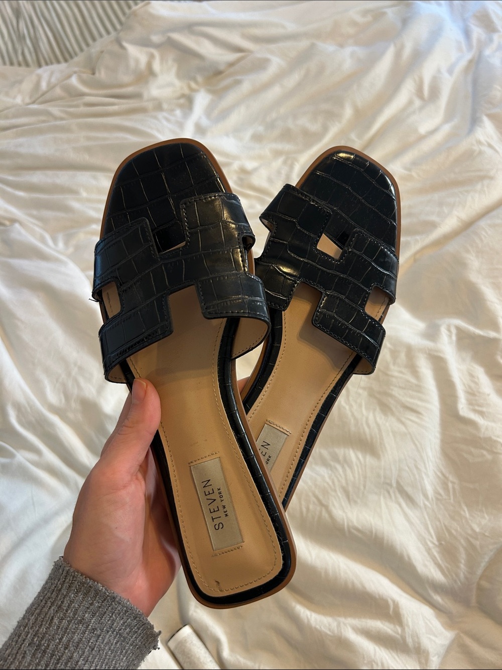 STEVEN by Steve Madden Black Croc-Embossed Slide Mules